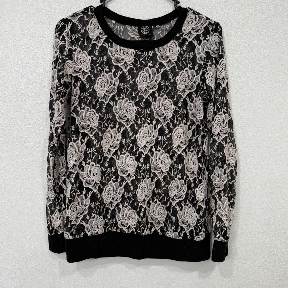 Bobaeu Black Lace Floral Print Long Sleeve Knit Sweater Top Womens Size L